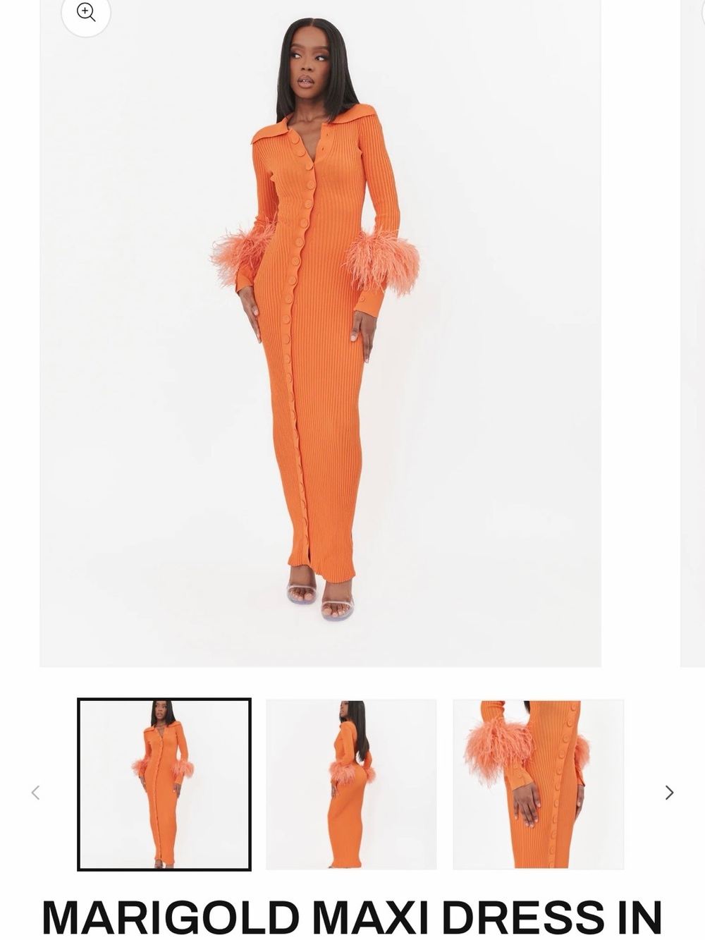 FUMI Marigold Feather-Cuff Ribbed Maxi Dress - Orange